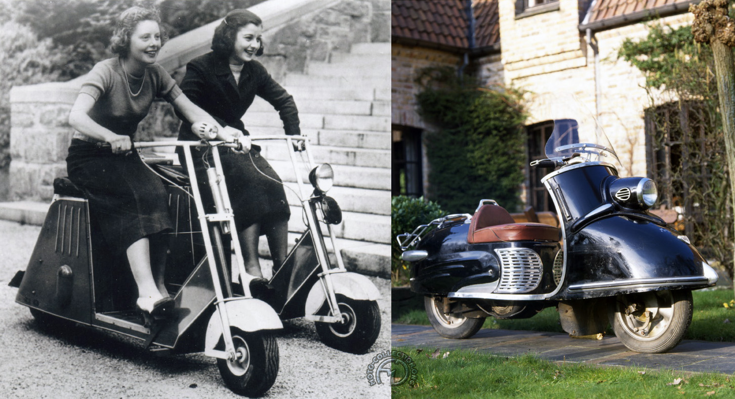 Du scooter-patinette des débuts américains, avec ces Cushman Autoglide de1937, à la sophistication allemande illustrée par le Bastert tout aluminium dessiné par Louis Lepoix en 1951.