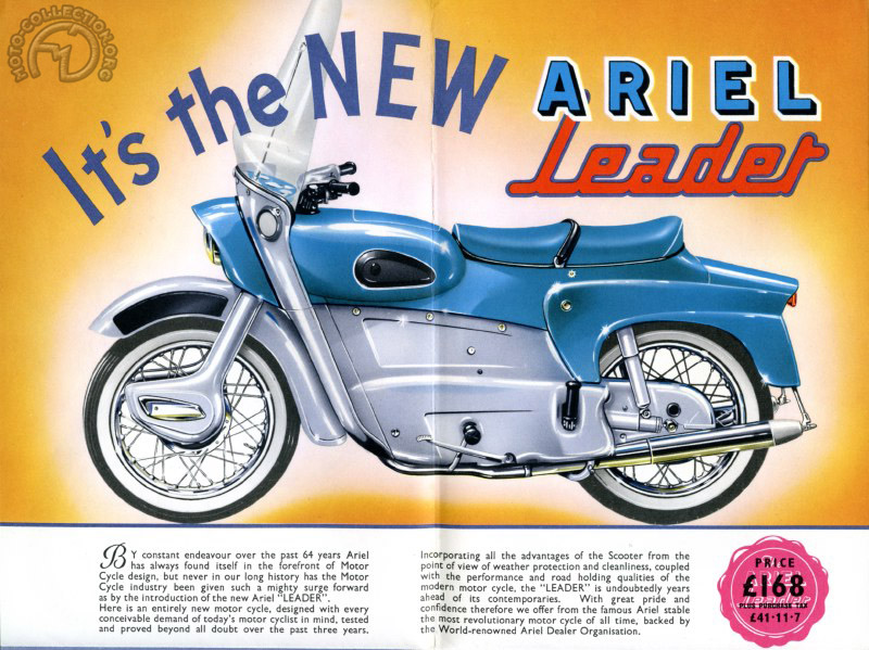 Une moto parfaite pour l'usage quotidien avec un équipement de grand luxe. Sur ce tout premier catalogue de 1958, la Leader est encore dépourvue de son pare-choc arrière, développé comme l'habillage du guidon par Sammy Miller