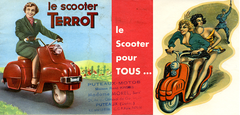 Il faut avouer que la pin up vantant les mérites du scooter Terrot en 1950 était moins affriolante. Sur certaines décalcomanies d’époque le scooter Terrot était mieux mis en valeur.