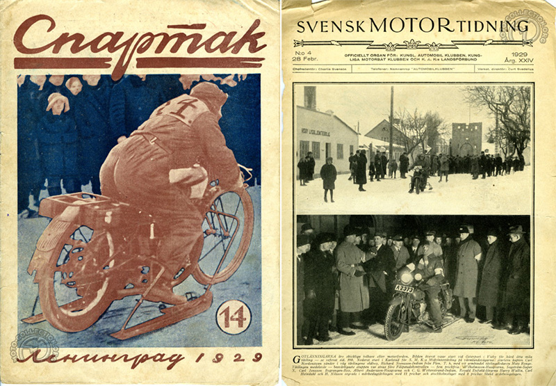 Côte à côte, un journal de moto russe de 1929 et un journal suédois de la même année avec en couverture une Indian pourvue de skis.