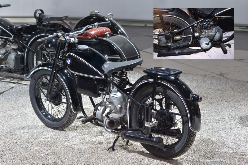 Le très moderne prototype R 10 de 1947. La suspension est télescopique avec ressort unique entre les deux bras de fourche. Le boitier sous le réservoir contient la batterie et la trousse à outils. Le moteur est un flat twin deux temps avec sa boîte à 3 rapports au dessus du carter moteur et au dessus encore le carburateur sous carter. Le volant magnétique est en bout de vilebrequin et les repose-pieds sont devant les cylindres.