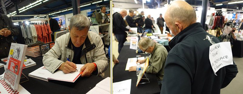 Jacques Bussillet et Franck Margerin. Pour éviter les déconvenues la fin prévue de la séance était étiquetée sur le dernier de la file. Faut dire que Margerin fait un dessin pour chaque dédicace… ça prend du temps.