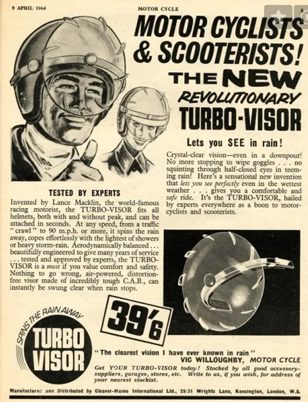 1964 : Seuls les britanniques pouvaient inventer le Turbo-Visor : protection idéale contre les pluies locales…