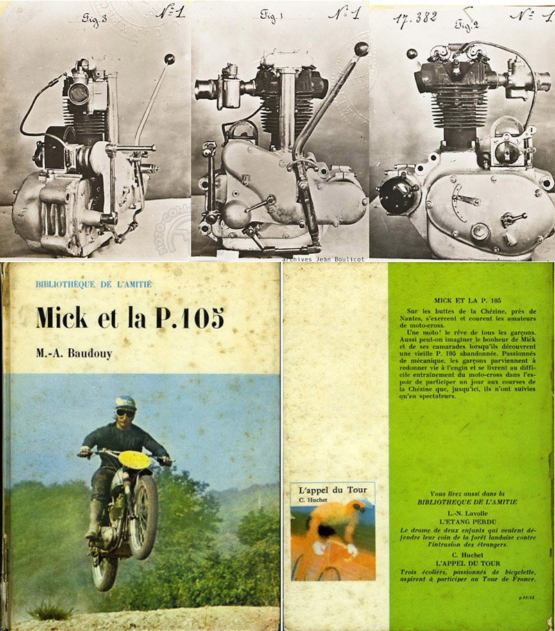 Photos d’usine du moteur dans sa toute première version avec un levier de vitesses direct à droite et un réglage du débit d’huile sur le carter gauche. La P105 inspira même un livre pour la jeunesse par M-A. Baudouy. L’auteur avait vraiment le moral car la lourde P 105 n’était pas spécialement destinée au motocross. 