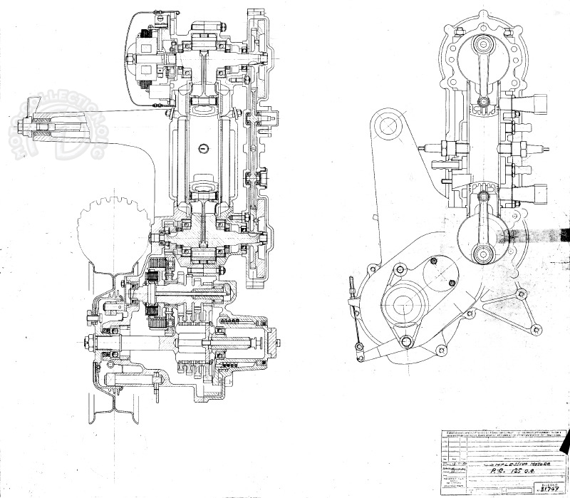 L’usine à gaz du Vespa des records : Admission et précompression dans les carters du haut ET du bas, deux carbus, double allumage, refroidissement liquide et boite quatre vitesses.